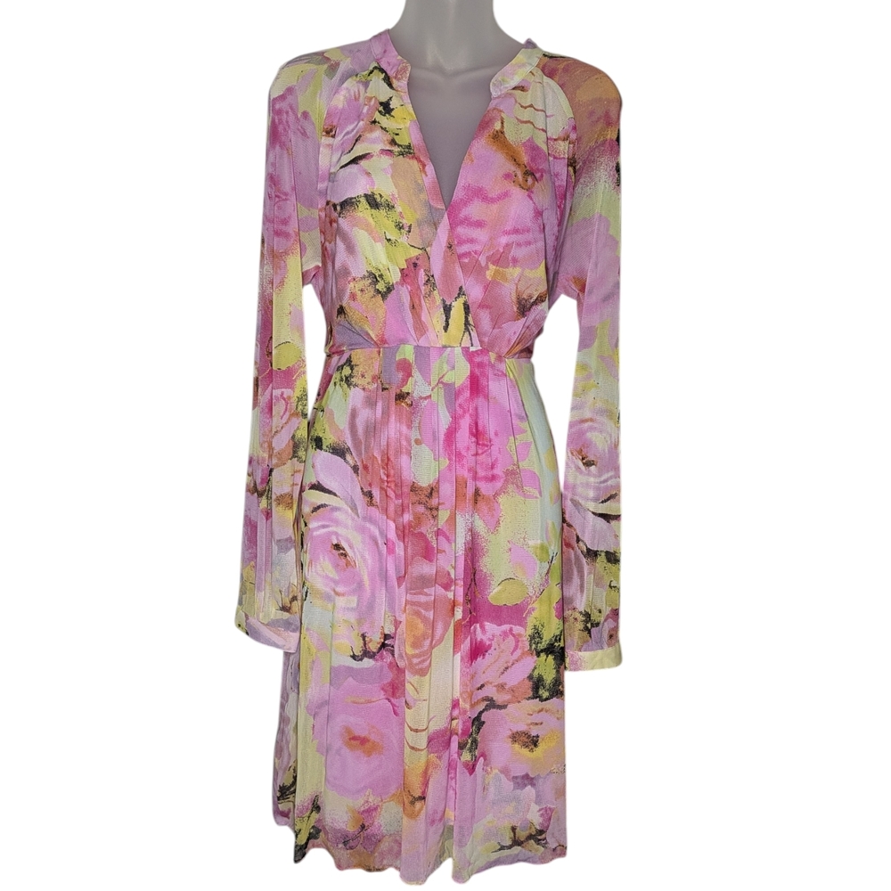 ACG Los Angeles Sheer Sleeve Nylon Pink Yellow Floral Roses Dress Spring Easter